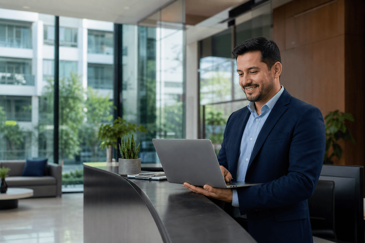 Administrador residencial usando herramientas digitales en un conjunto moderno